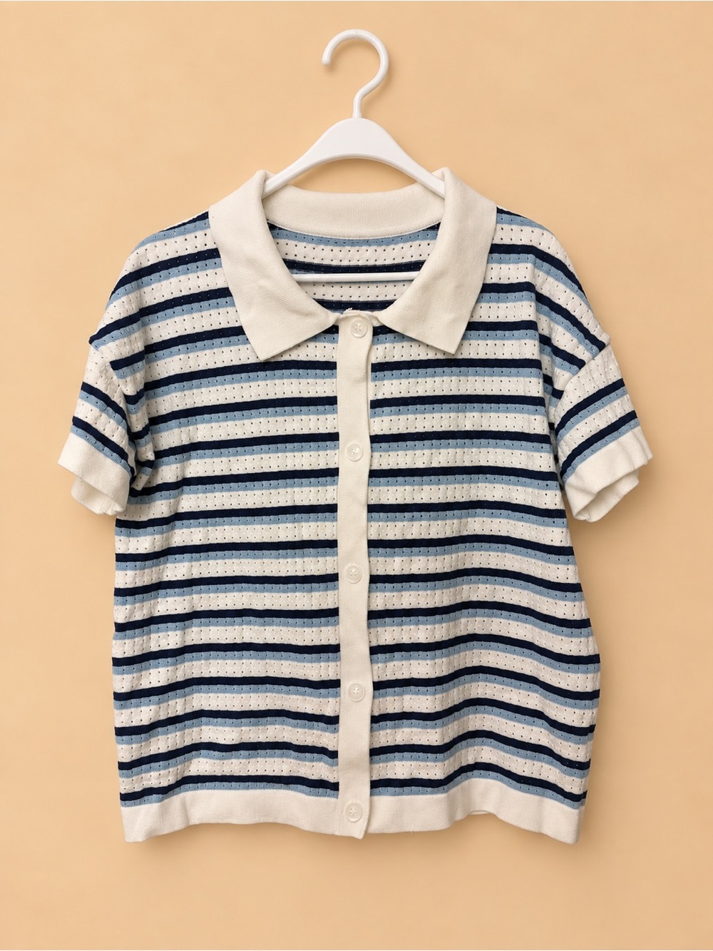 White & Navy Striped Knit Polo Button Down Two Piece Set